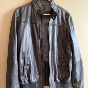 Massimo Dutti Dark Gray Leather Bomber Jacket